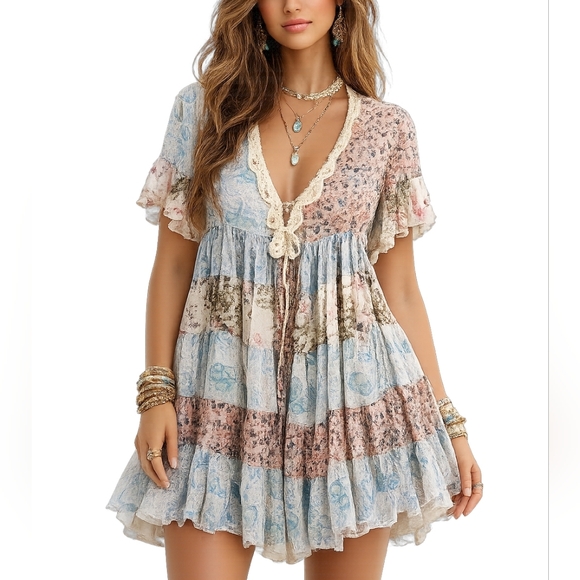 Twin-Set Dresses & Skirts - Twin Set Simona Barbieri Babydoll Boho Dress Silk Blend Floral Embellished